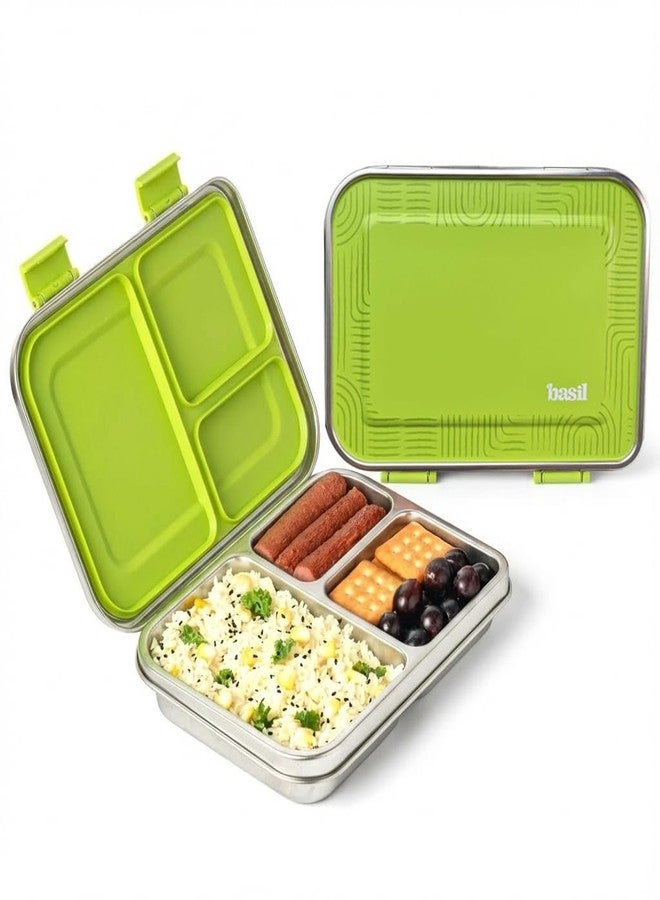 Basil Bento Neo Classic 2025 - New & Improved, 1000ml 3-Compartment Stainless Steel Lunch Box for Adults, Teens & Kids | Leak-Proof & Easy to Open Tiffin for Office, School, College - Matcha - Image 1